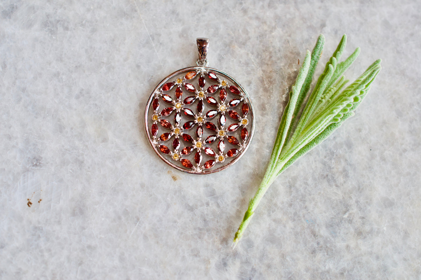 Garnet and Citrine Marquis Flower of Life Silver Necklace