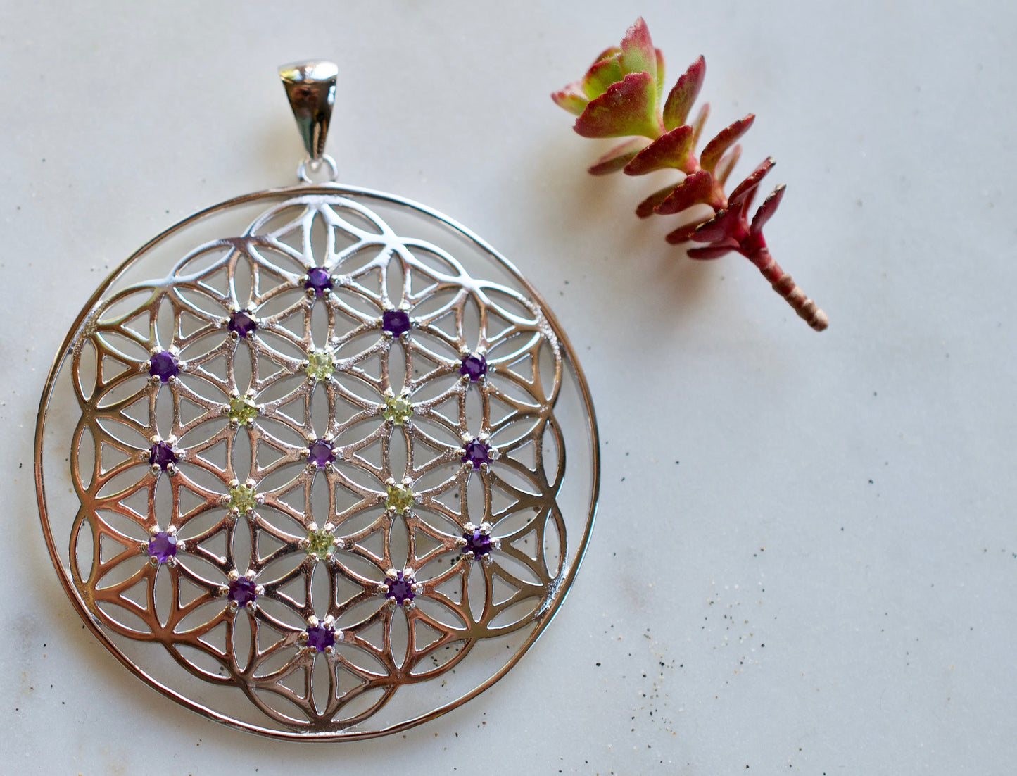 I Am Stardust Amethyst & Peridot X-Large Flower of Life Sterling Silver Pendant spiritual jewelry sacred geometry