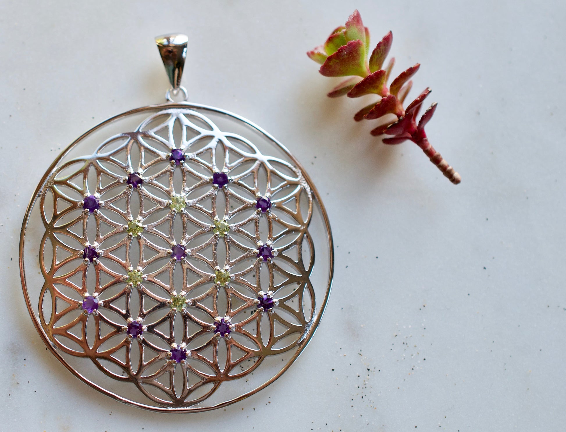 I Am Stardust Amethyst & Peridot X-Large Flower of Life Sterling Silver Pendant spiritual jewelry sacred geometry