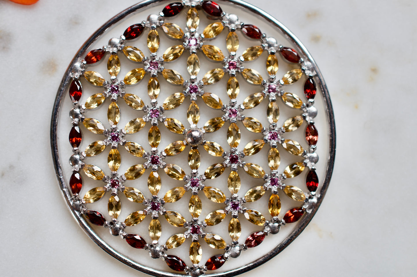 Flower of Life with Citrine, Garnet, & Rhodolite Sterling Silver Necklace