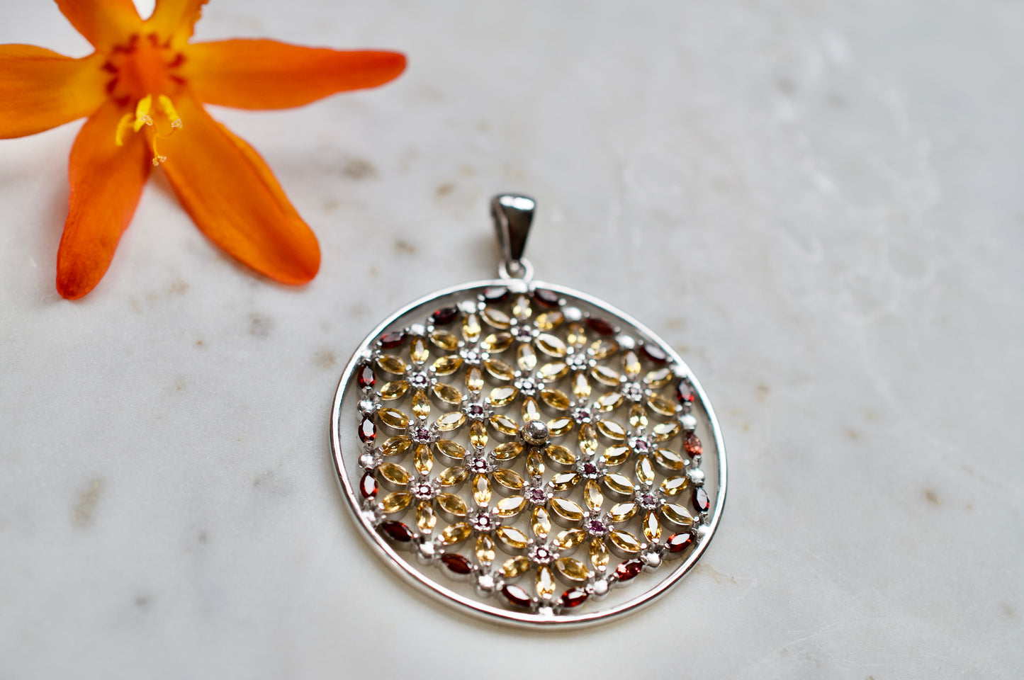 Flower of Life with Citrine, Garnet, & Rhodolite Sterling Silver Necklace