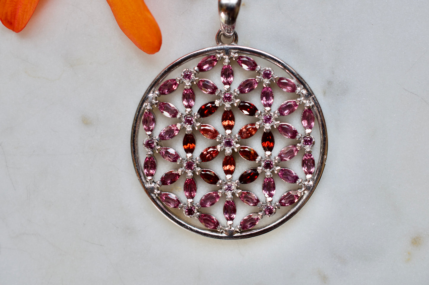 Marquis Flower of Life Sterling Silver Necklace Featuring Garnet and Rhodolite Garnet