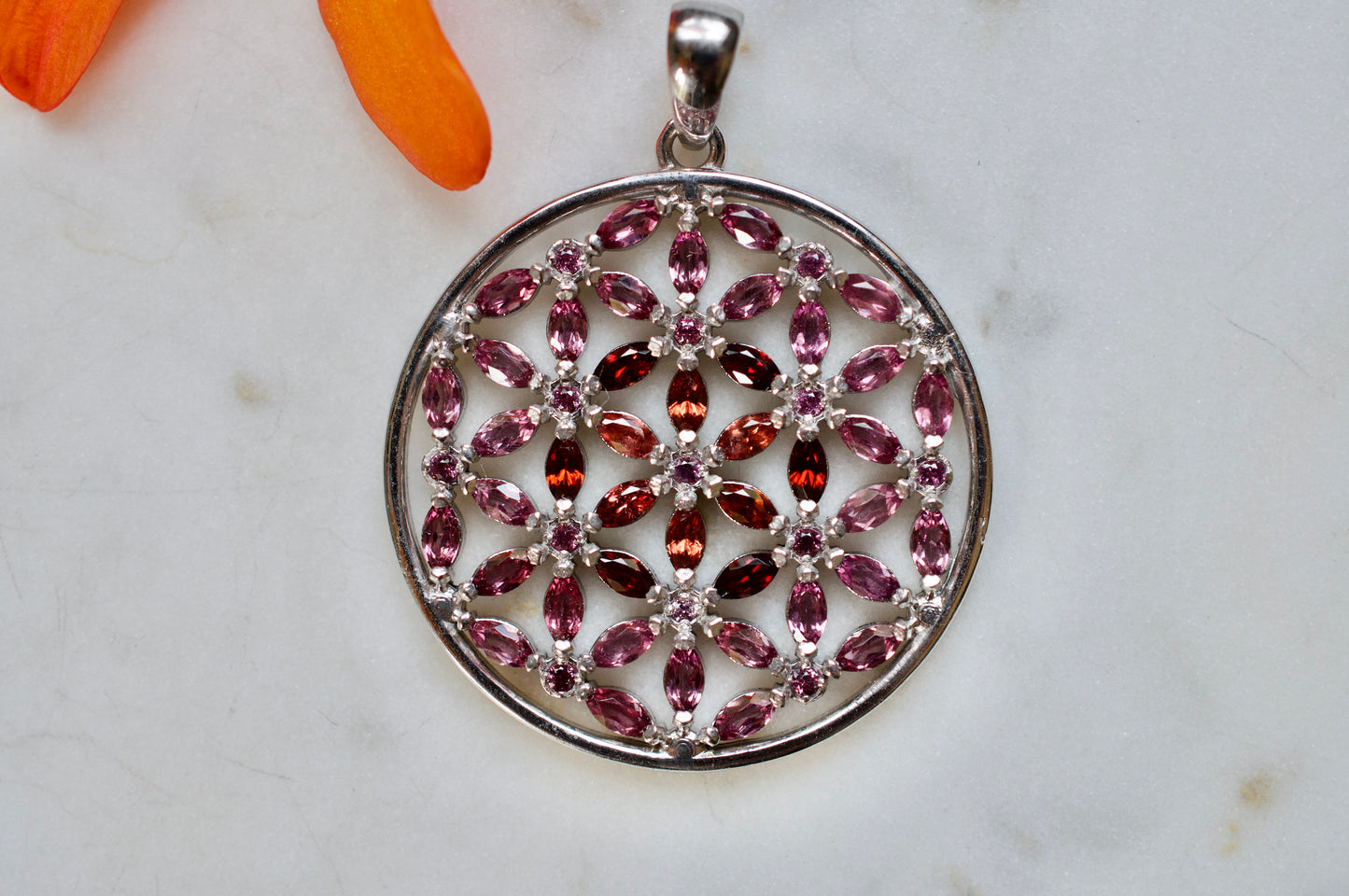 Marquis Flower of Life Sterling Silver Necklace Featuring Garnet and Rhodolite Garnet