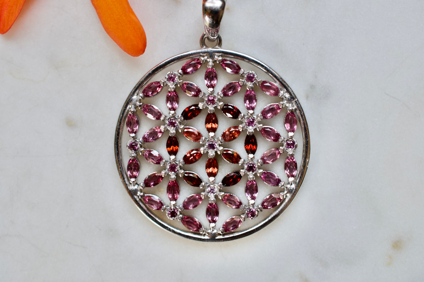 Marquis Flower of Life Sterling Silver Necklace Featuring Garnet and Rhodolite Garnet