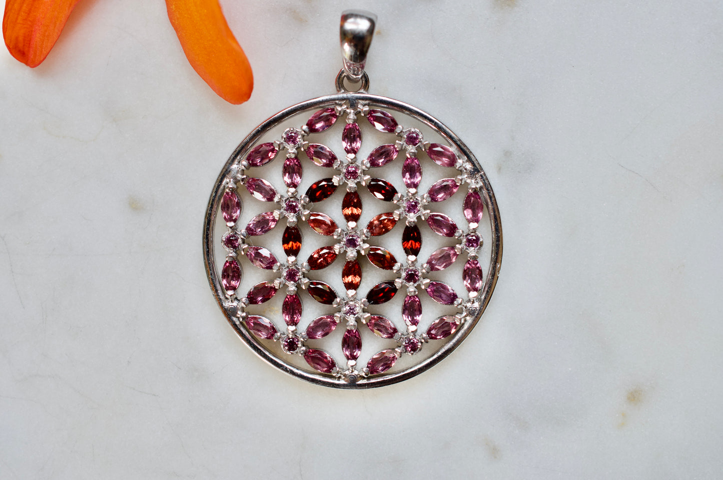 Marquis Flower of Life Sterling Silver Necklace Featuring Garnet and Rhodolite Garnet