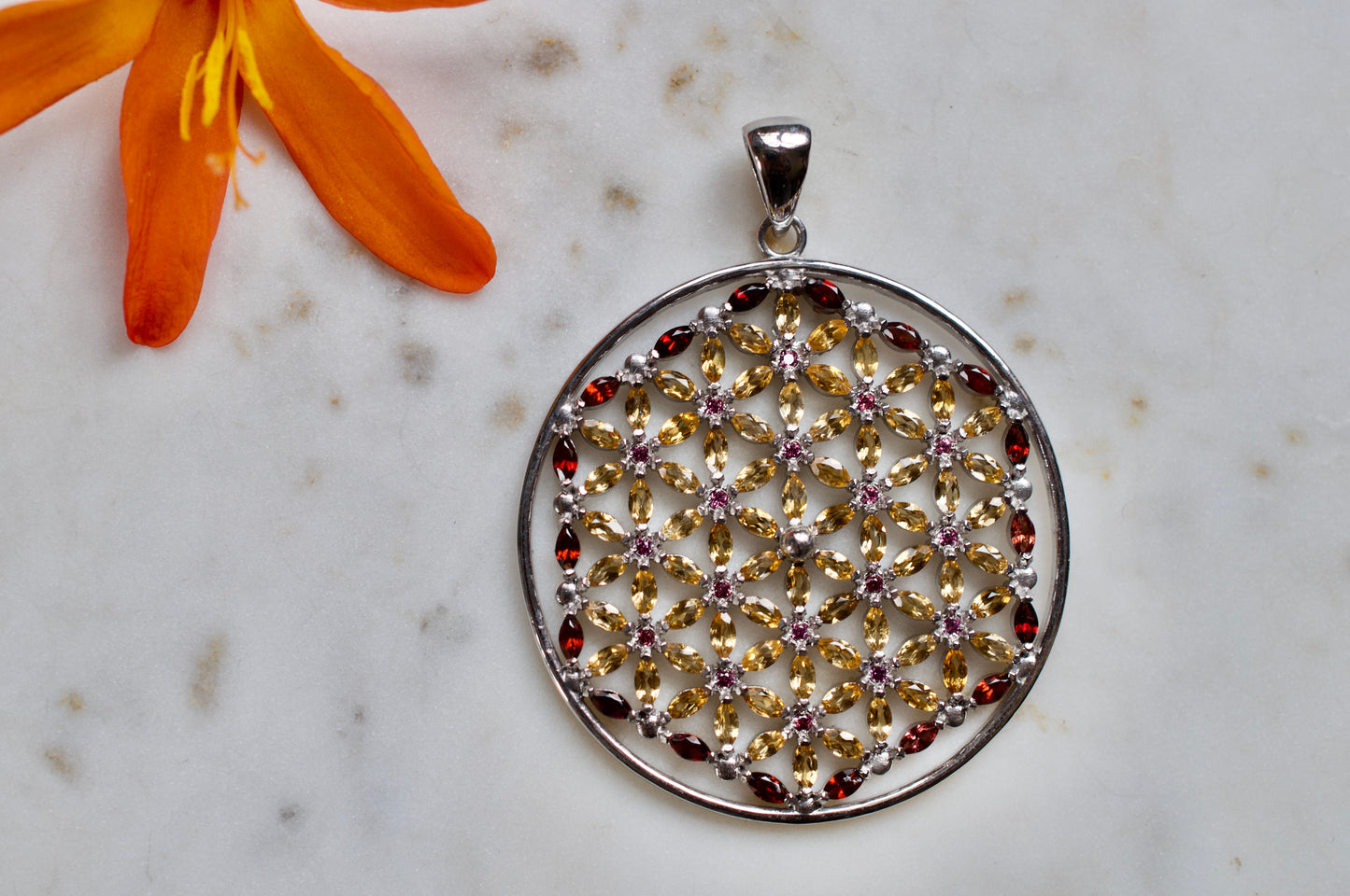 Flower of Life with Citrine, Garnet, & Rhodolite Sterling Silver Necklace