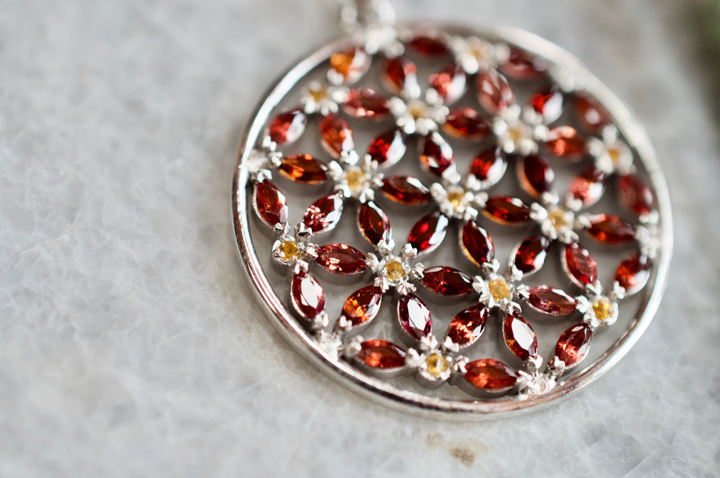 Garnet and Citrine Marquis Flower of Life Silver Necklace