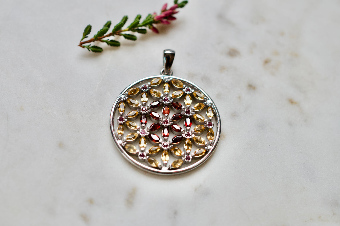 Marquis Flower of Life Sterling Silver Garnet, Citrine, Pink Sapphire Necklace