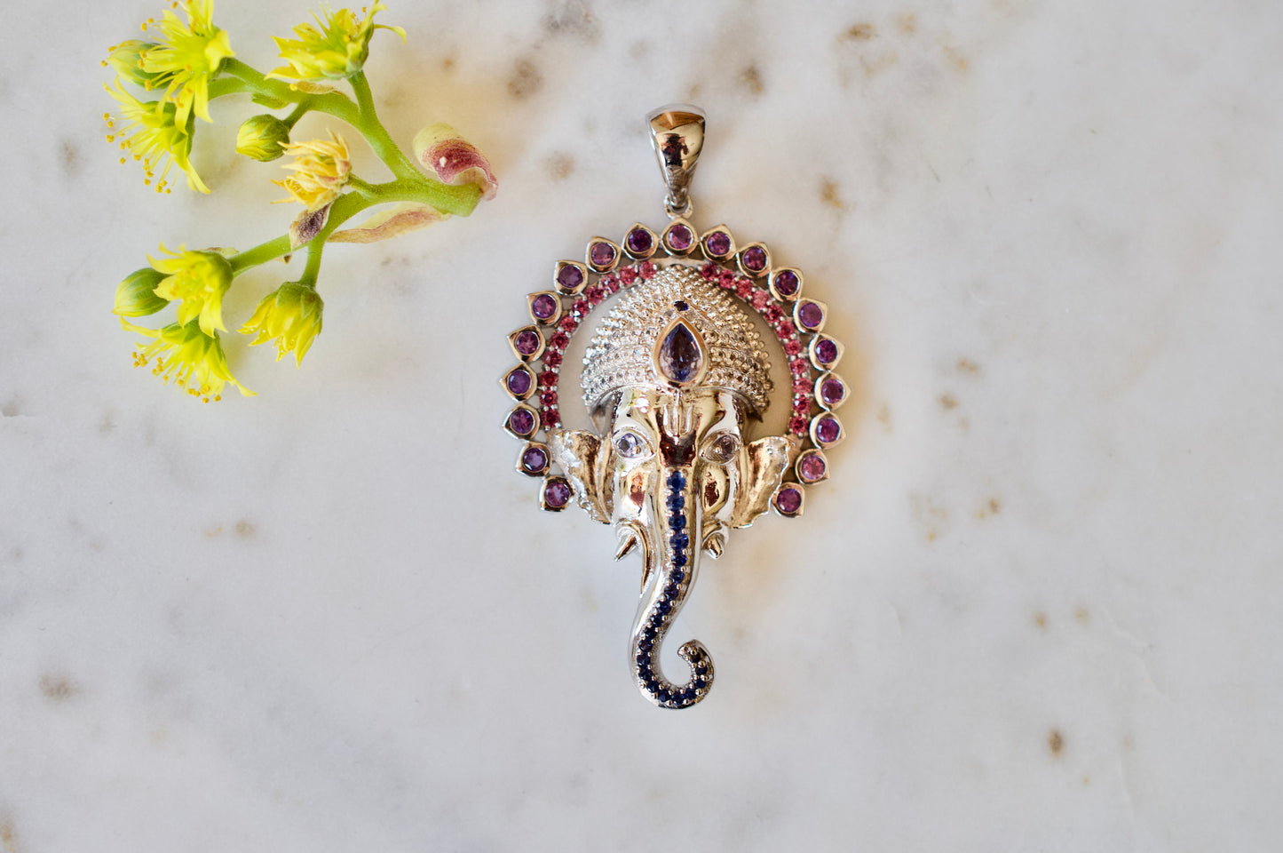 Ganesha Necklace with 108 Amethysts, Rhodolite Garnets, and Blue Sapphires in Sterling Silver