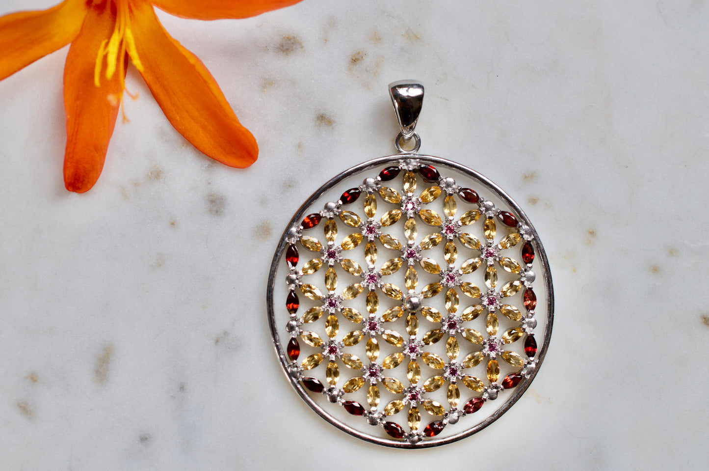 Flower of Life with Citrine, Garnet, & Rhodolite Sterling Silver Necklace