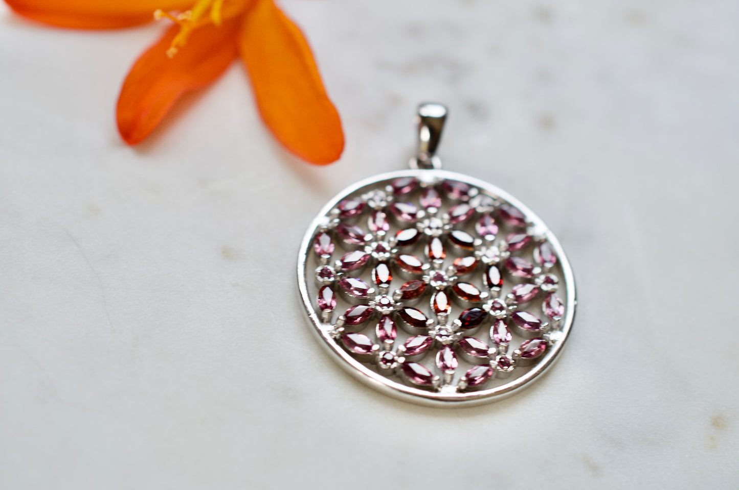 Marquis Flower of Life Sterling Silver Necklace Featuring Garnet and Rhodolite Garnet