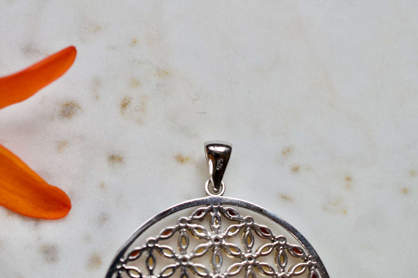 Flower of Life with Citrine, Garnet, & Rhodolite Sterling Silver Necklace