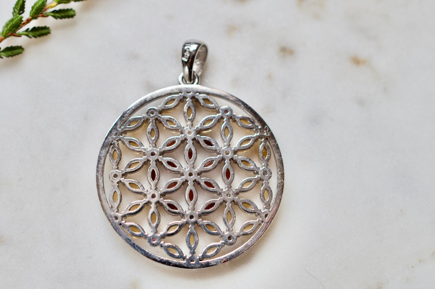 Marquis Flower of Life Sterling Silver Garnet, Citrine, Pink Sapphire Necklace