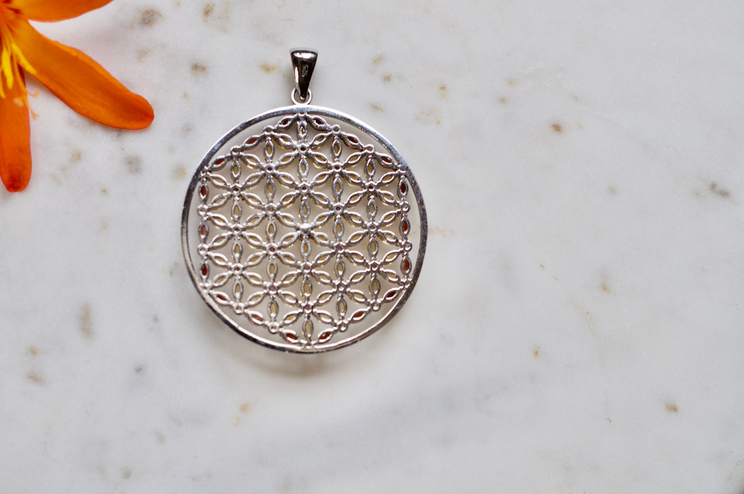 Flower of Life with Citrine, Garnet, & Rhodolite Sterling Silver Necklace