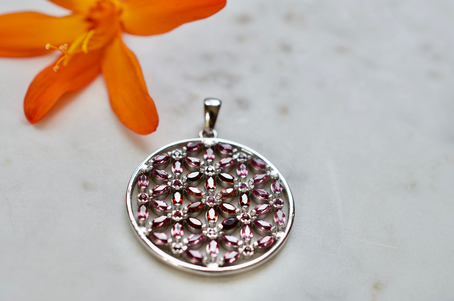 Marquis Flower of Life Sterling Silver Necklace Featuring Garnet and Rhodolite Garnet