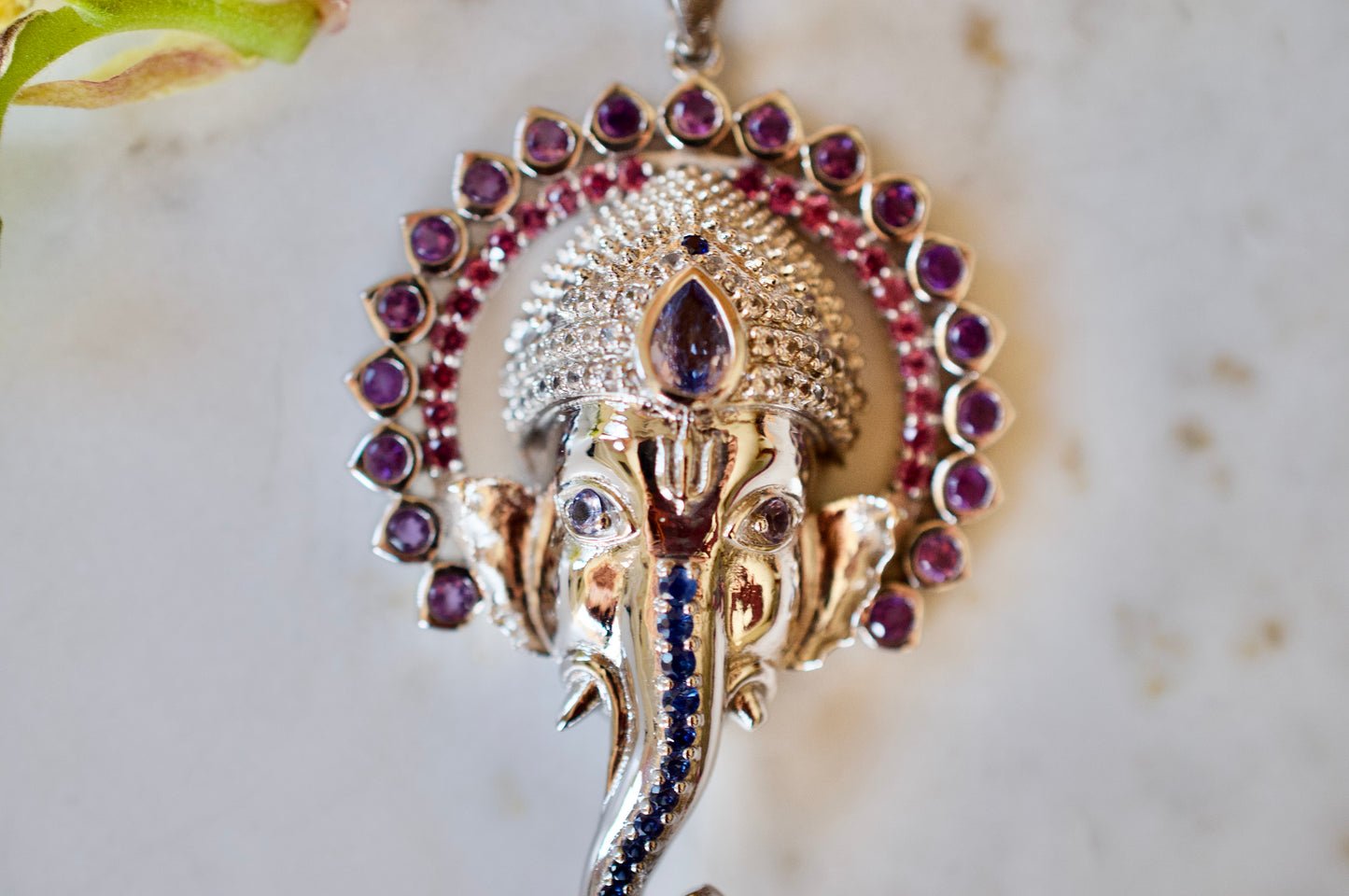 Ganesha Necklace with 108 Amethysts, Rhodolite Garnets, and Blue Sapphires in Sterling Silver