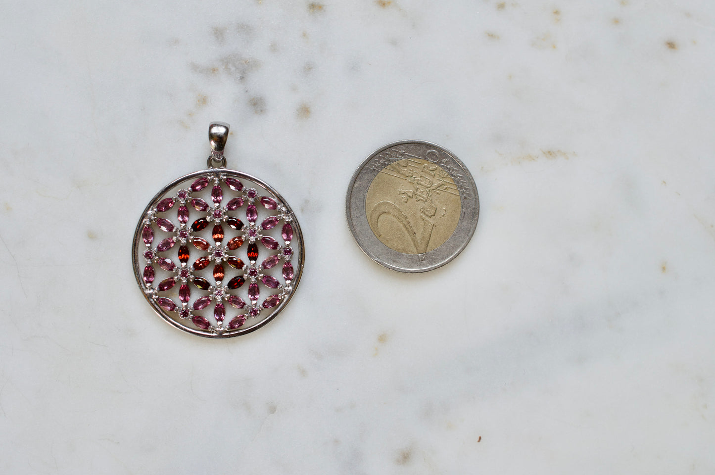 Marquis Flower of Life Sterling Silver Necklace Featuring Garnet and Rhodolite Garnet