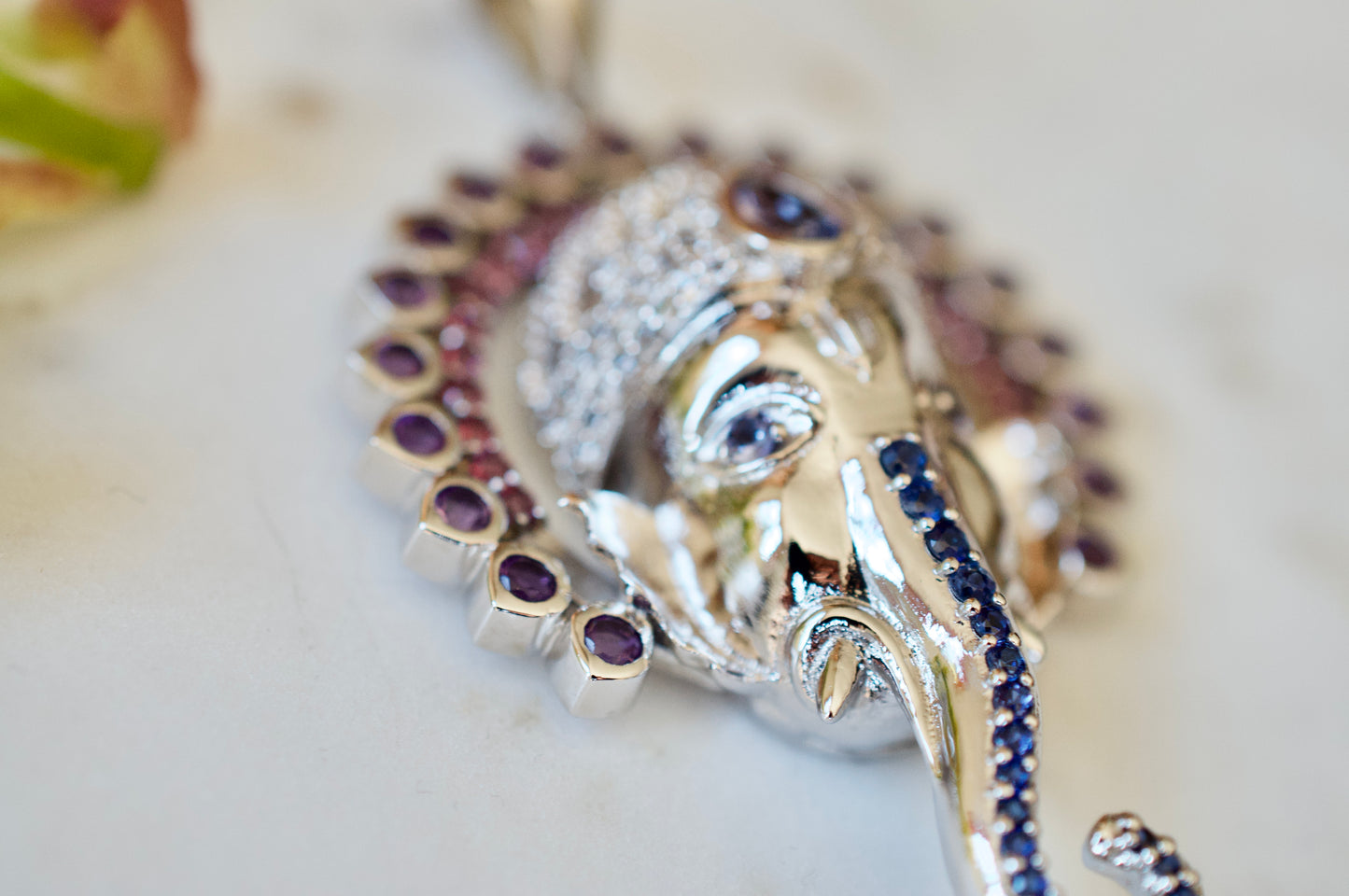 Ganesha Necklace with 108 Amethysts, Rhodolite Garnets, and Blue Sapphires in Sterling Silver