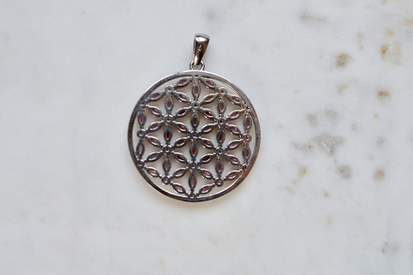 Marquis Flower of Life Sterling Silver Necklace Featuring Garnet and Rhodolite Garnet