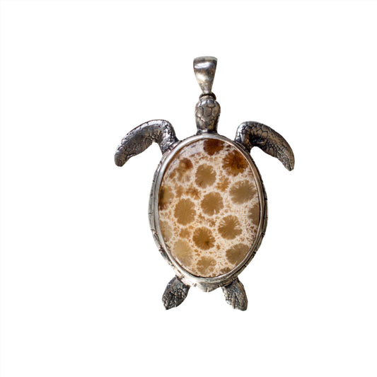 Bamboo Fossilized Coral Sterling Silver Turtle Necklace