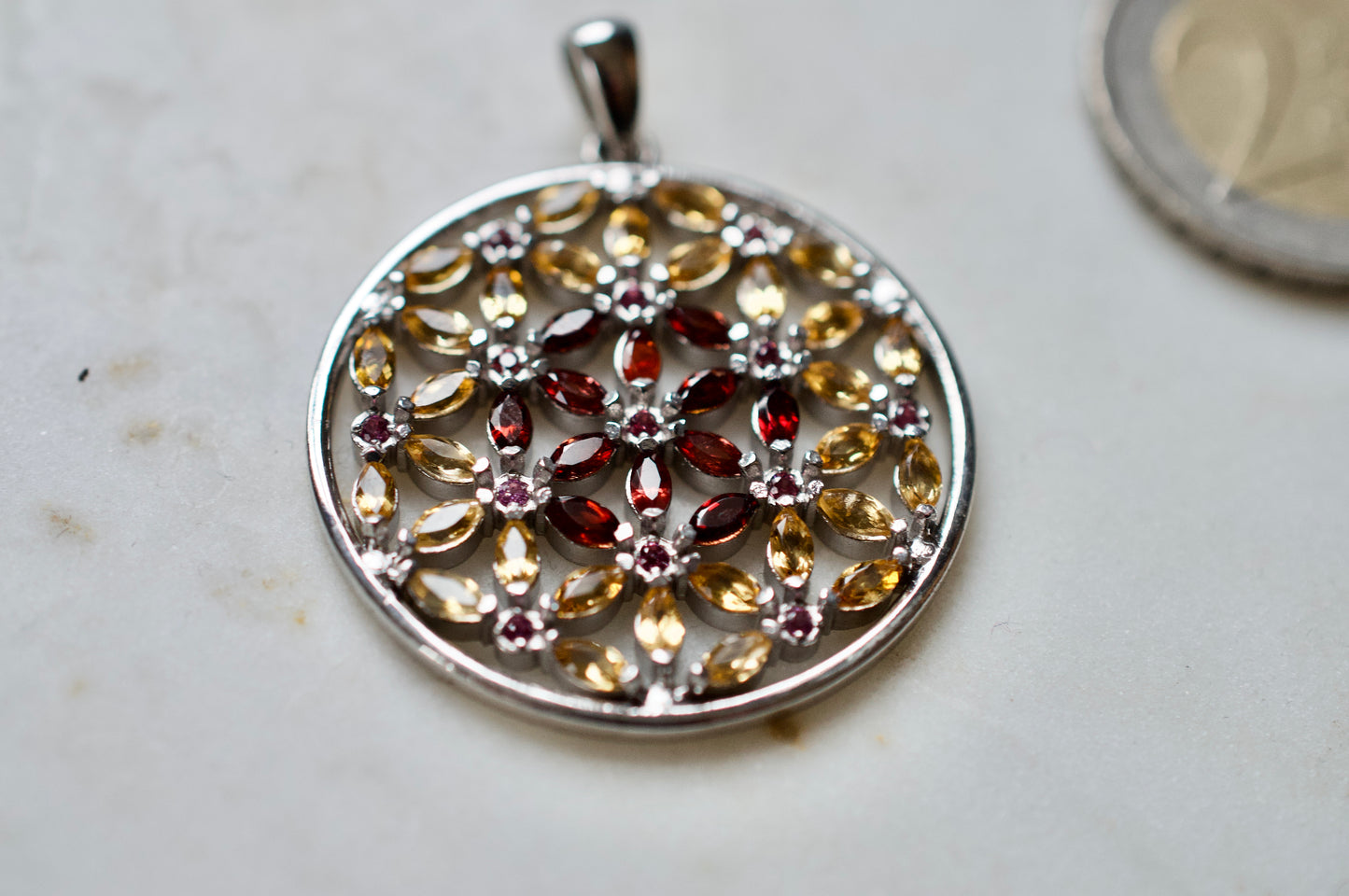 Marquis Flower of Life Sterling Silver Garnet, Citrine, Pink Sapphire Necklace