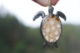 Bamboo Fossilized Coral Sterling Silver Turtle Necklace
