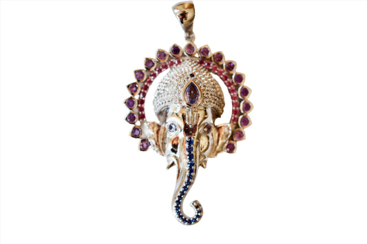 Ganesha Necklace with 108 Amethysts, Rhodolite Garnets, and Blue Sapphires in Sterling Silver