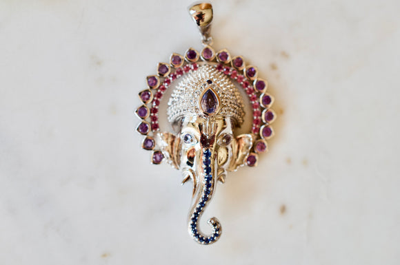 Ganesha Necklace with 108 Amethysts, Rhodolite Garnets, and Blue Sapphires in Sterling Silver