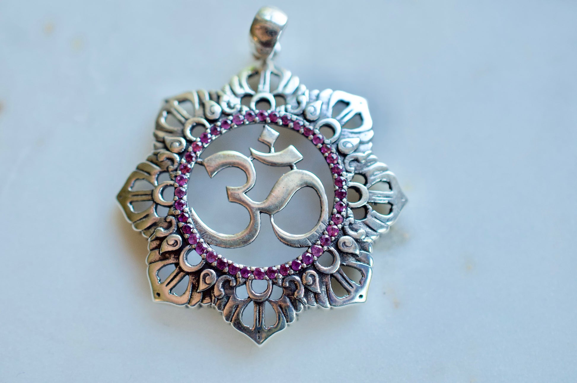 Gayatri Om Sterling Silver Pendant pink sapphires