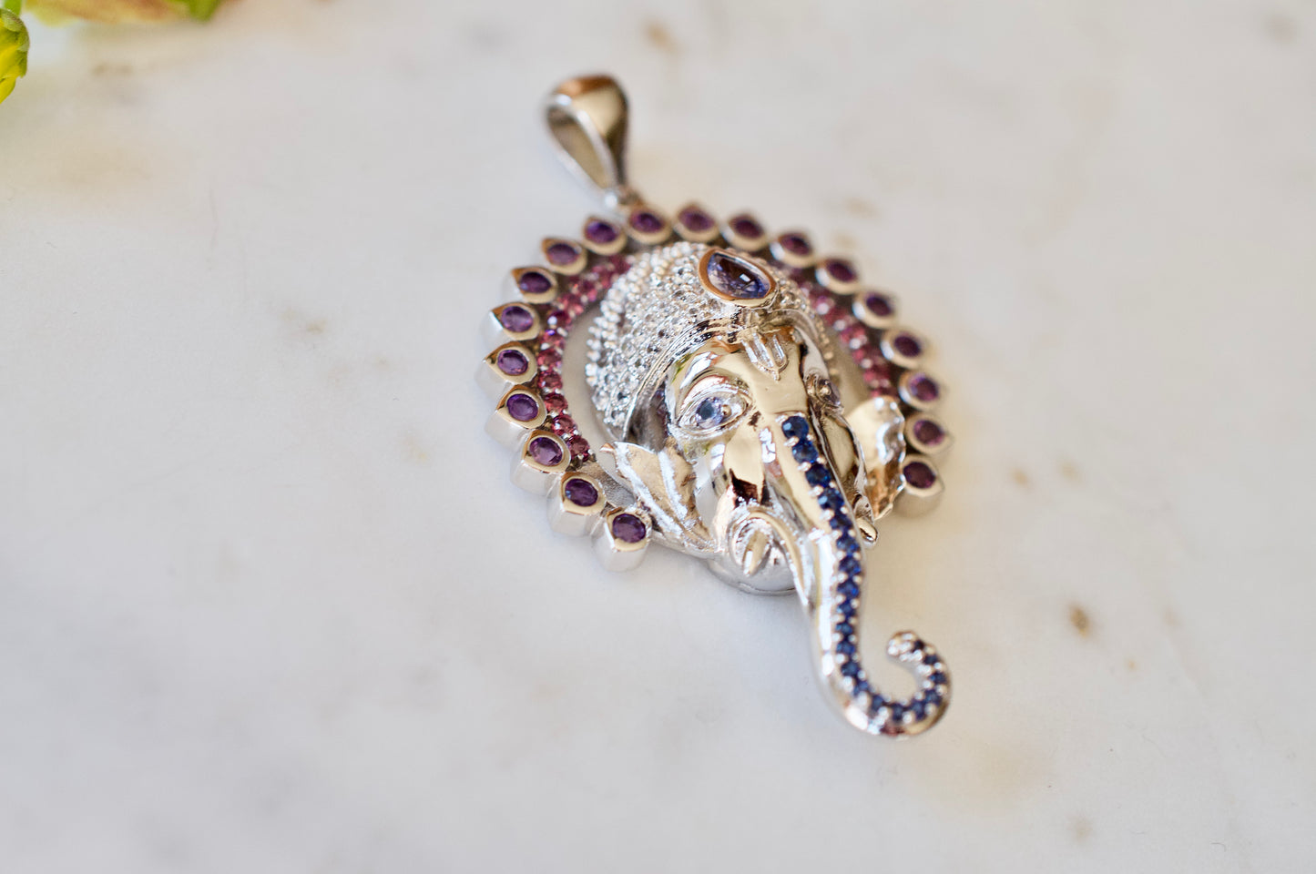 Ganesha Necklace with 108 Amethysts, Rhodolite Garnets, and Blue Sapphires in Sterling Silver