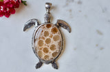 Bamboo Fossilized Coral Sterling Silver Turtle Necklace