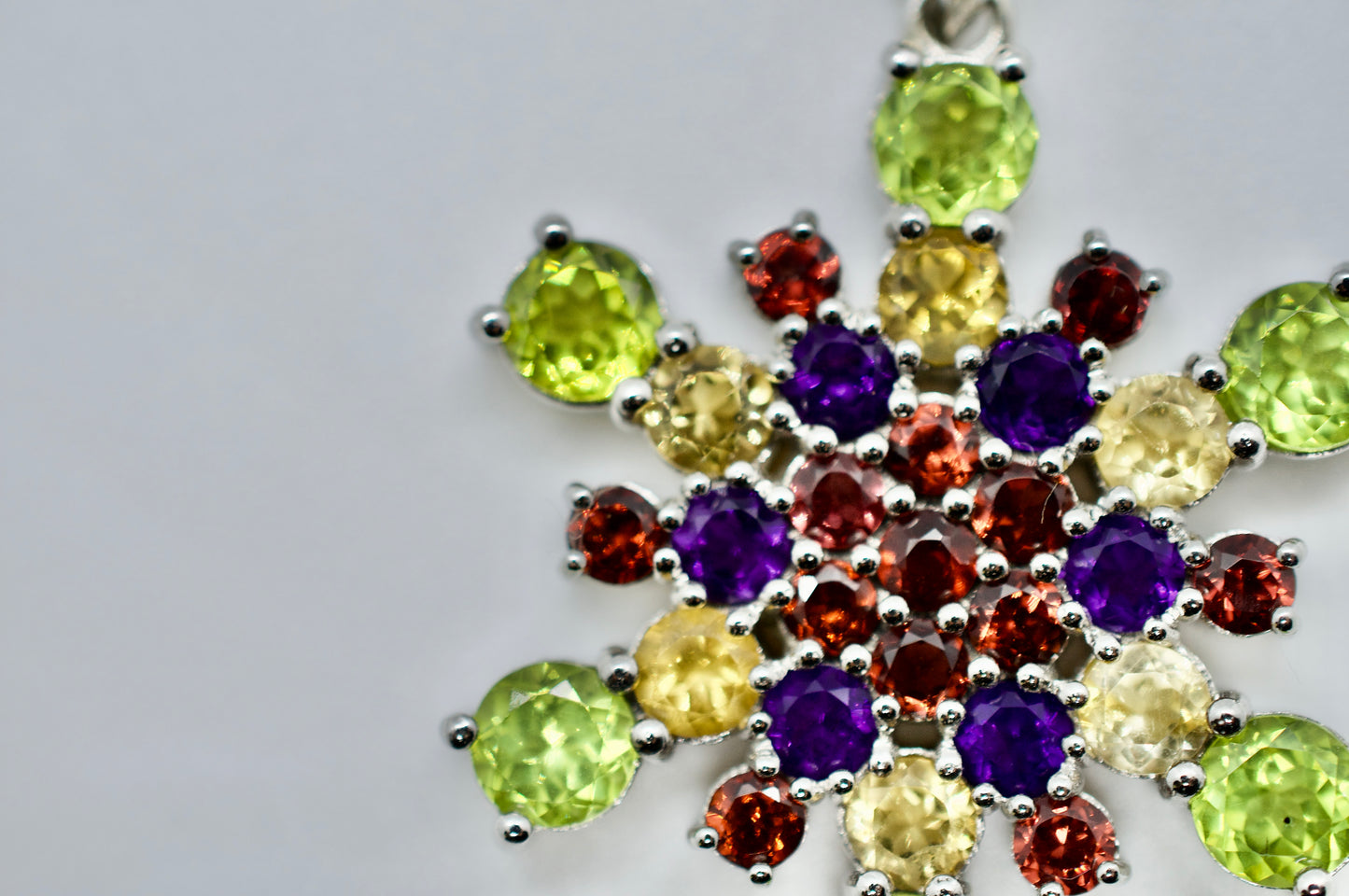 Mt. Ritter Amethyst, Garnet, Citrine, Peridot Sterling Silver Snowflake Necklace