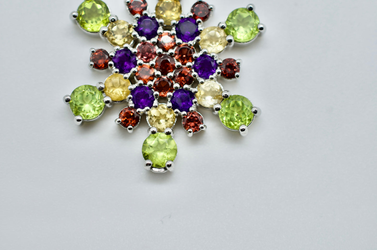 Mt. Ritter Amethyst, Garnet, Citrine, Peridot Sterling Silver Snowflake Necklace