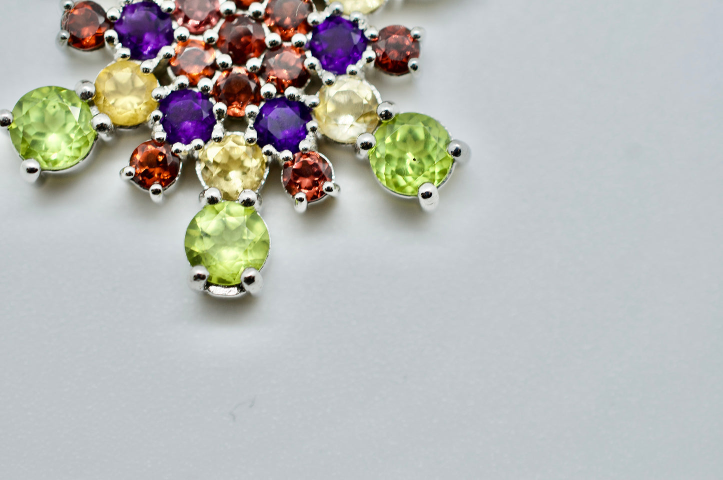 Mt. Ritter Amethyst, Garnet, Citrine, Peridot Sterling Silver Snowflake Necklace