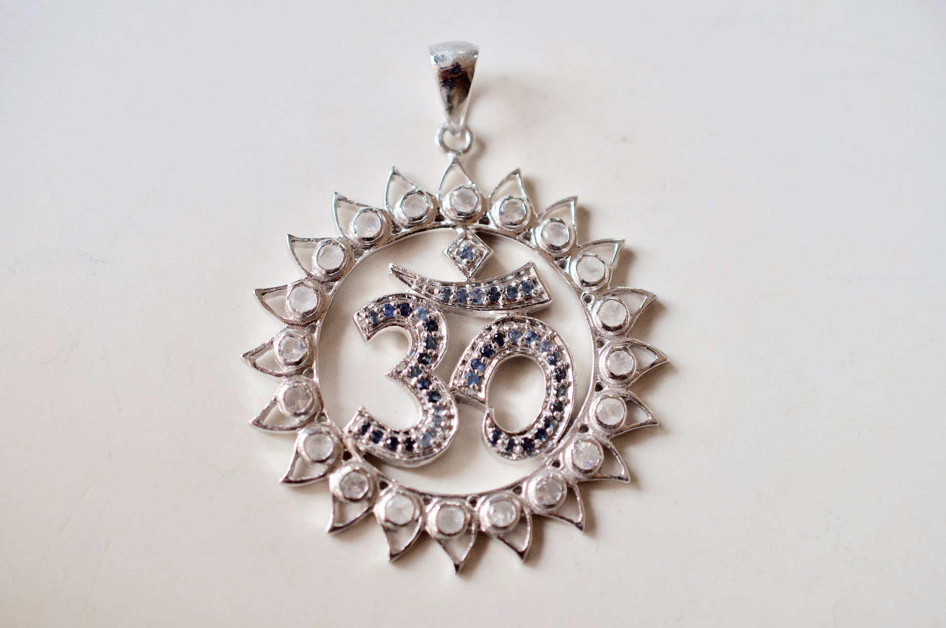 Om Shanti Lotus Moonstone & Blue Sapphire Sterling Silver Pendant