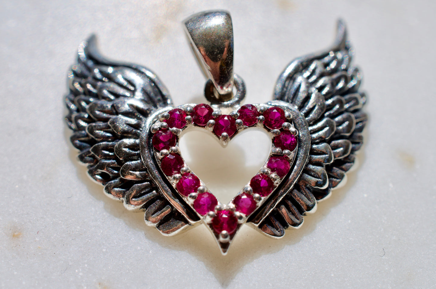 Heavenly Ruby Sterling Silver Winged Heart