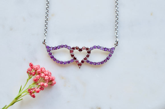 Signature Heart and Wings Necklace Featuring Garnet and Amethyst