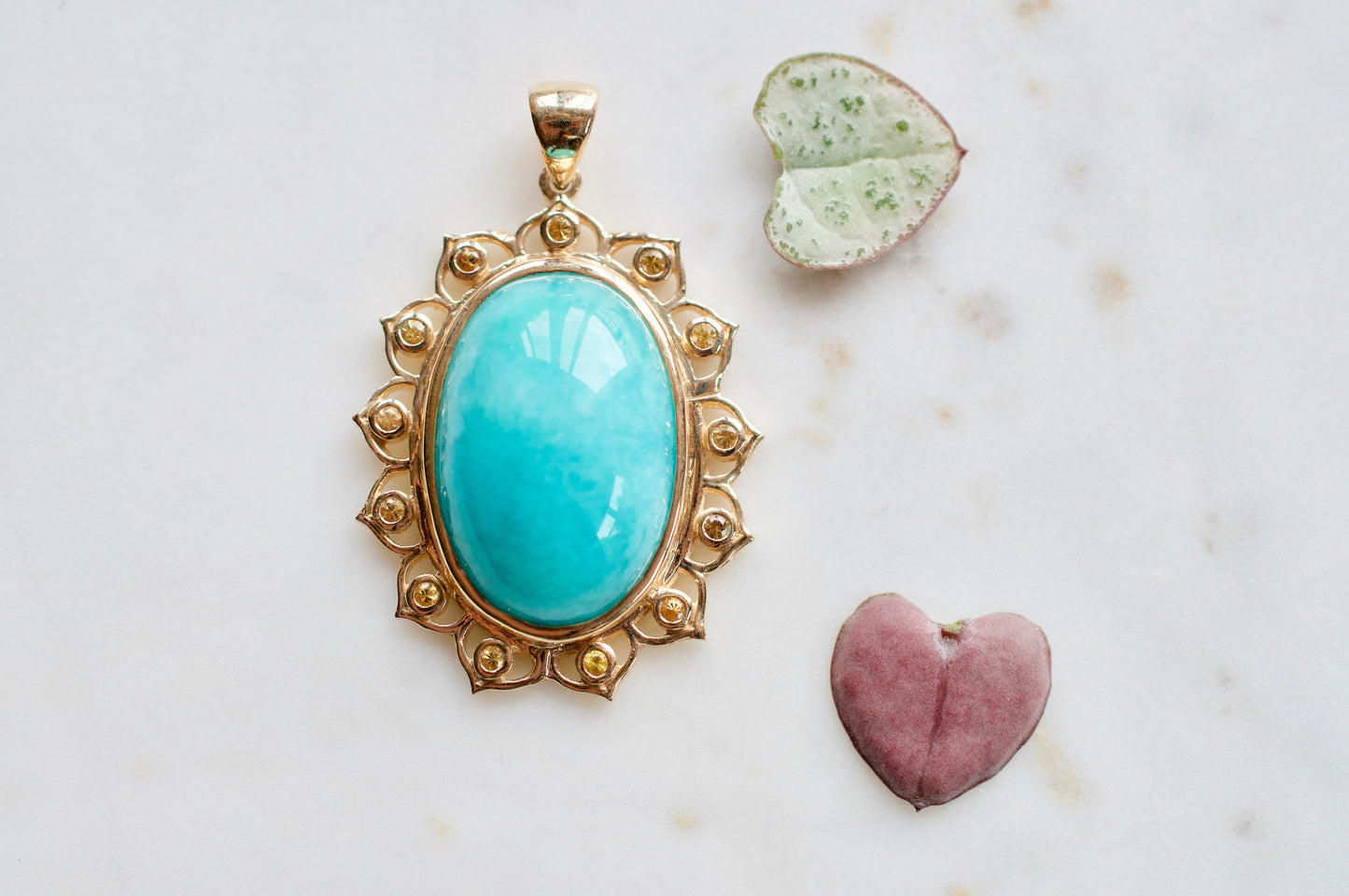 The Sky Was Yellow 10K Gold Amazonite Pendant Necklace Set in Yellow Sapphire Lotus