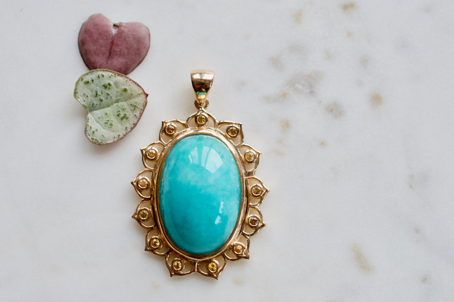 The Sky Was Yellow 10K Gold Amazonite Pendant Necklace Set in Yellow Sapphire Lotus