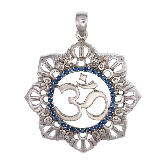Gayatri Om Blue Sapphire Sterling Silver Pendant