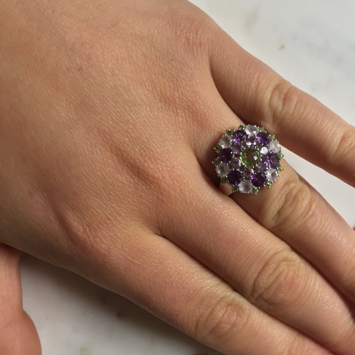 Queen Jane Peridot & Amethyst Snowflake Mandala Ring