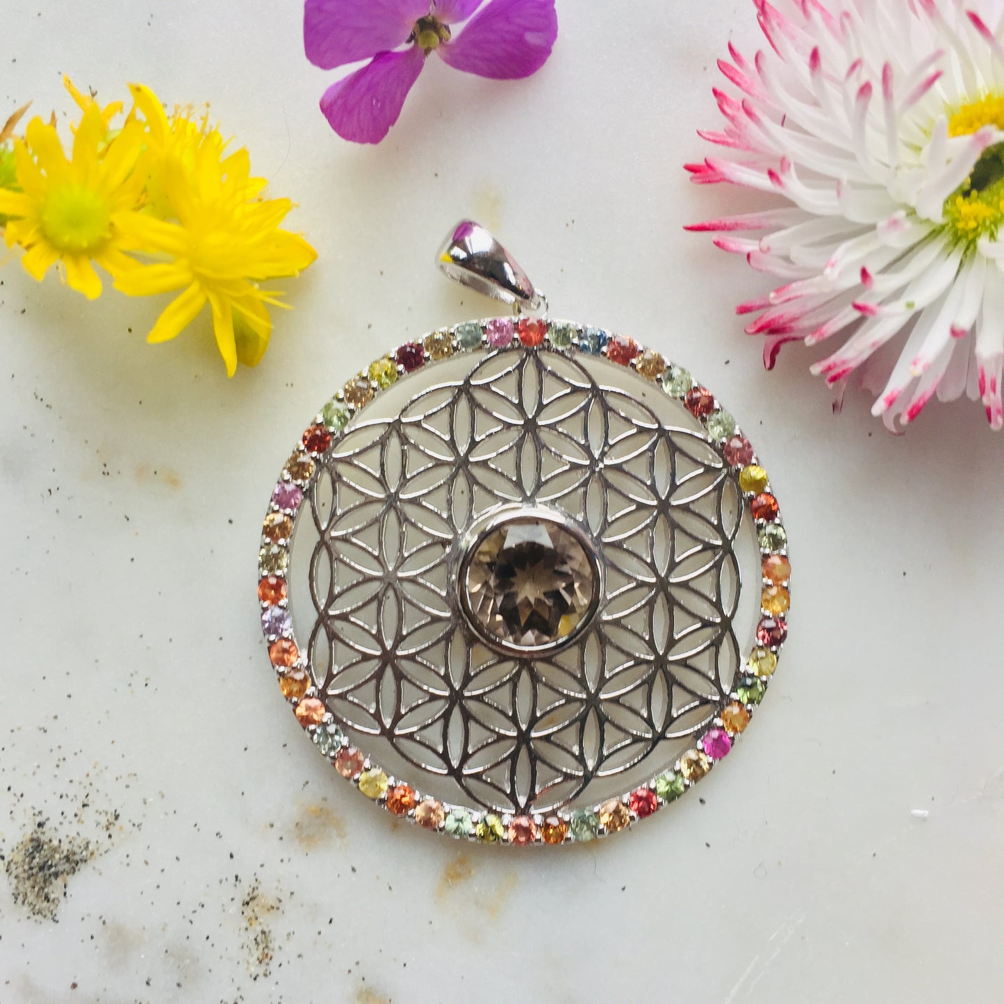 Earth and Sky Rainbow Sapphire Flower of Life Surrounding Smokey Quartz Pendant