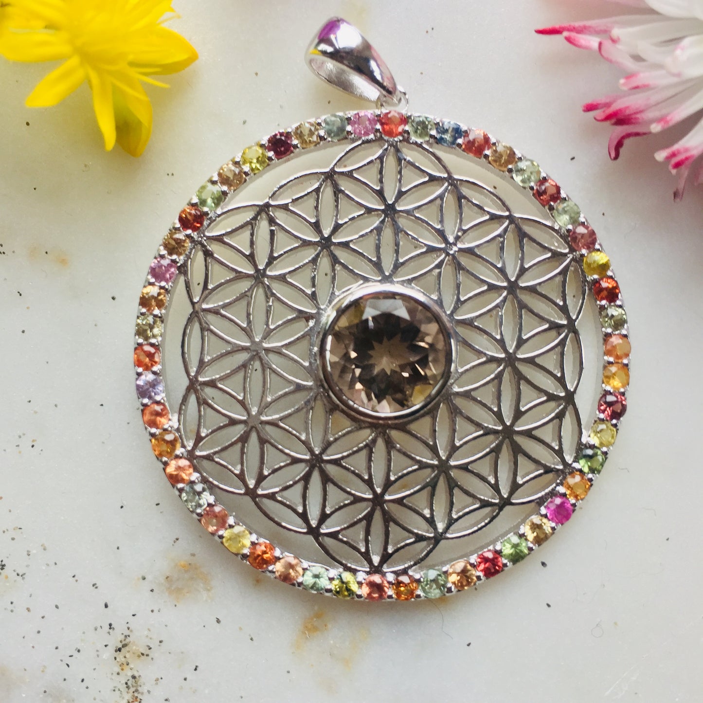 Earth and Sky Rainbow Sapphire Flower of Life Surrounding Smokey Quartz Pendant