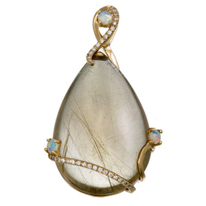 14K Gold Routile with Australian Opal and Diamond Pendant