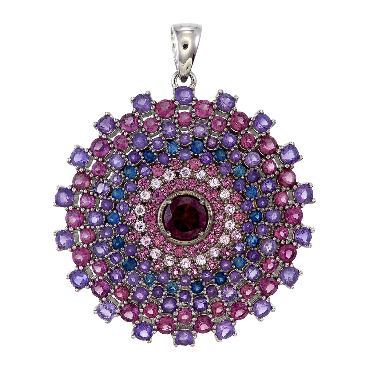 Ahimsa Amethyst, Blue Sapphire, Garnet, & Spinel Sterling Silver Mandala Necklace #3