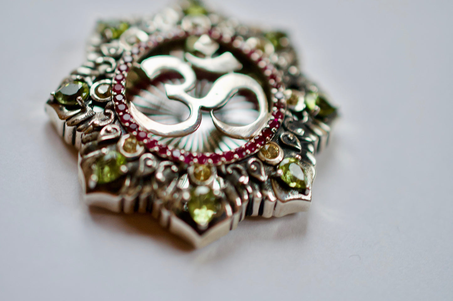 Om Garden Silver Matrix Pendant Necklace with Peridot, Rubies, & Yellow Sapphires