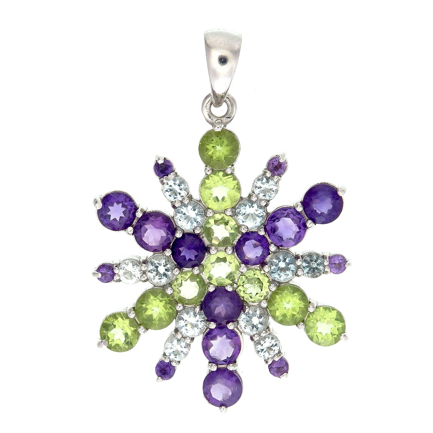 Muir Mt. Peridot, Amethyst, & Aquamarine Silver Snowflake Mandala Pendant