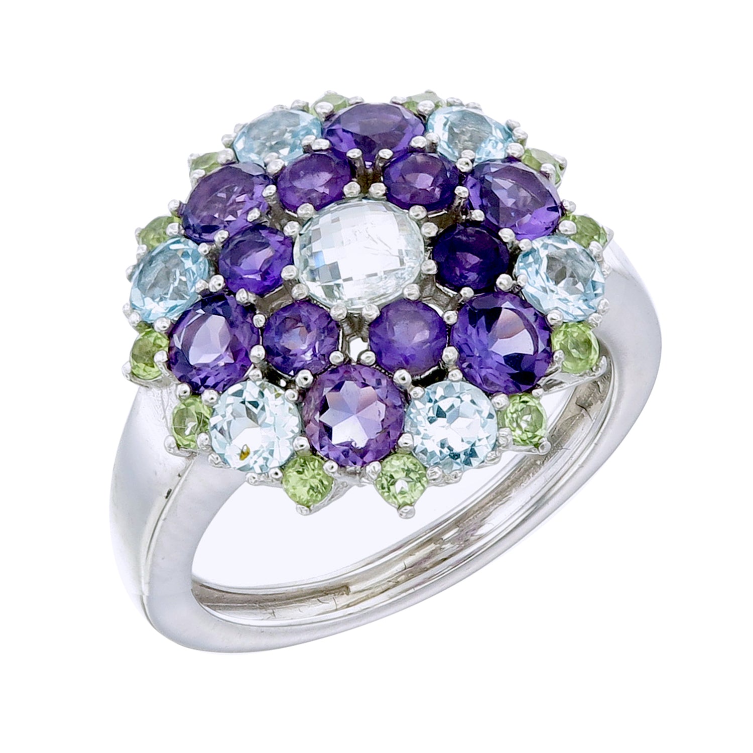 Isis Topaz, Amethyst, and Peridot Snowflake Mandala Ring