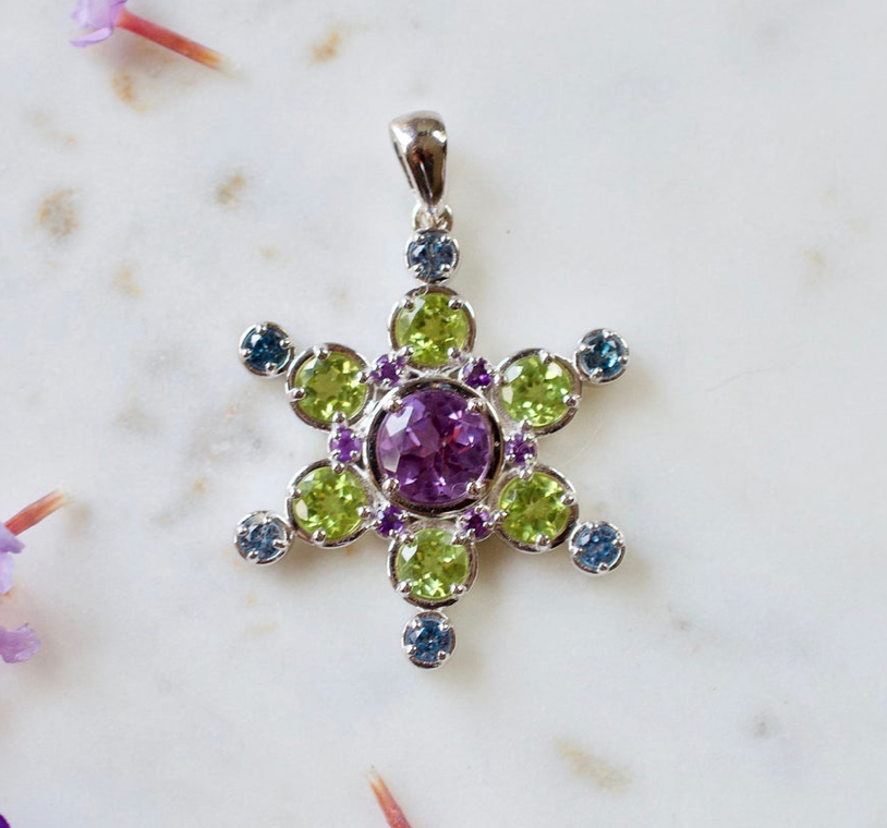 June Mt. Snowflake Amethyst Peridot Topaz Silver Pendant Necklace