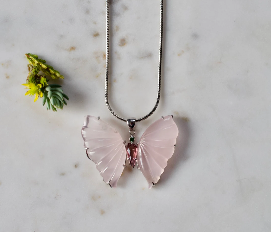 Peruvian Pink Opal Butterfly Necklace Sterling Silver